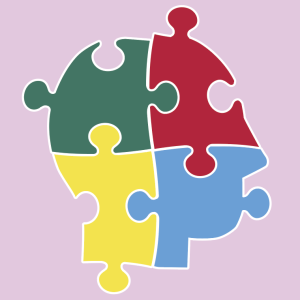 The cover of The Personality Factor. A human head made up of four zigsaw puzzle pieces. The top left piece is dark green with the letters NT inside it. It connects at the left to the top right piece which is red and has the letters NF inside it. The top right piece connects at the bottom to the bottom right piece which is a light blue colour with the letters SJ inside it. It connects at the left to the bottom left piece which is yellow and has the letters SP inside it. The bottom left piece connects at the top to the top left piece.